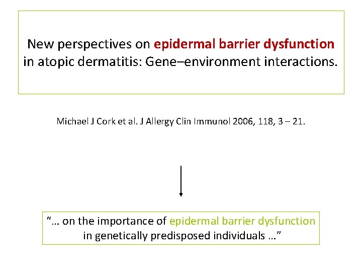 New perspectives on epidermal barrier dysfunction in atopic dermatitis: Gene–environment interactions. Michael J Cork