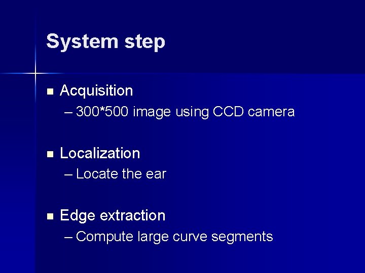 System step n Acquisition – 300*500 image using CCD camera n Localization – Locate