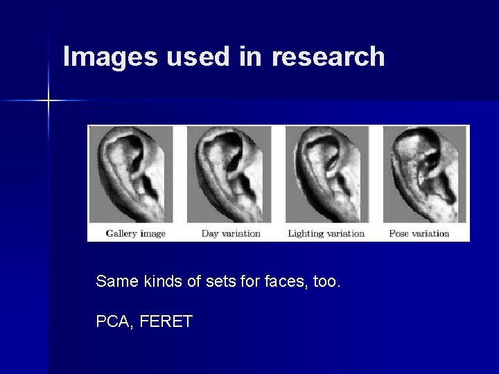 Images used in research Same kinds of sets for faces, too. PCA, FERET 