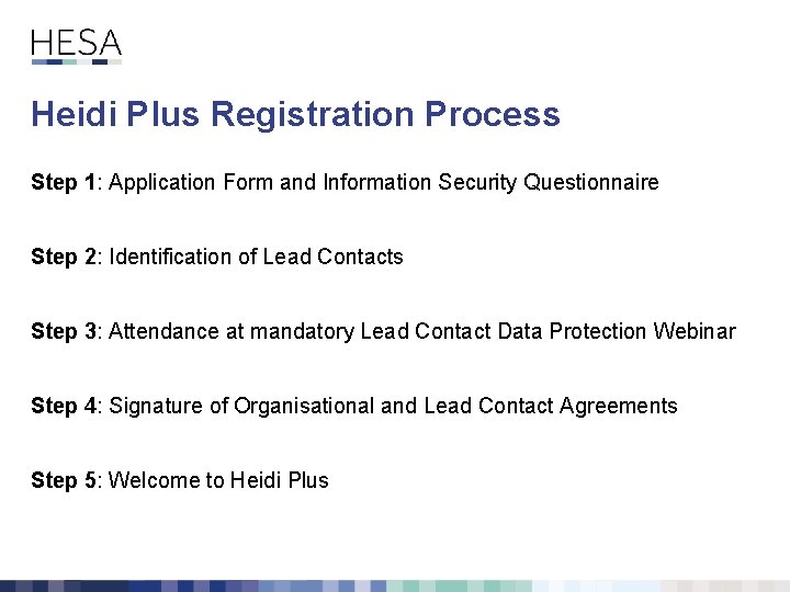 Heidi Plus Registration Process Step 1: Application Form and Information Security Questionnaire Step 2: