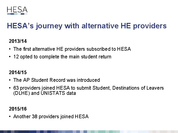 HESA’s journey with alternative HE providers 2013/14 • The first alternative HE providers subscribed