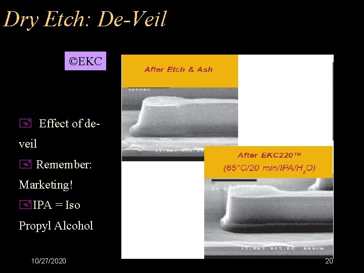 Dry Etch: De-Veil ©EKC + Effect of deveil + Remember: Marketing! +IPA = Iso