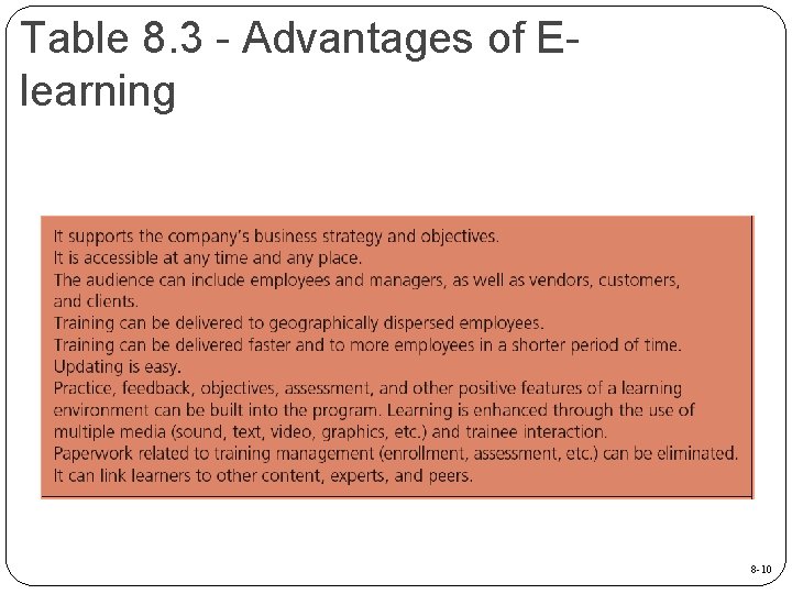 Table 8. 3 - Advantages of Elearning 8 -10 