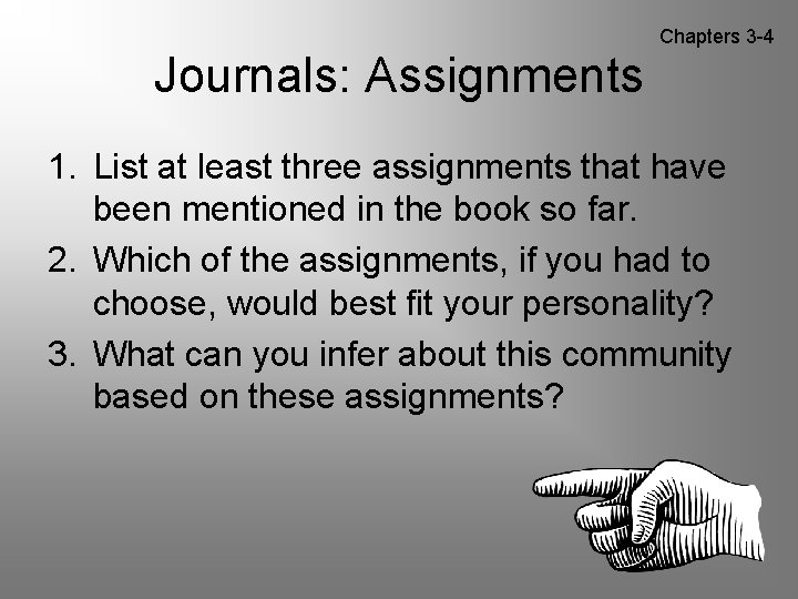 Chapters 3 -4 Journals: Assignments 1. List at least three assignments that have been