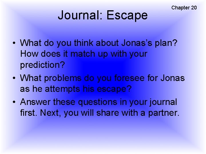 Journal: Escape Chapter 20 • What do you think about Jonas’s plan? How does