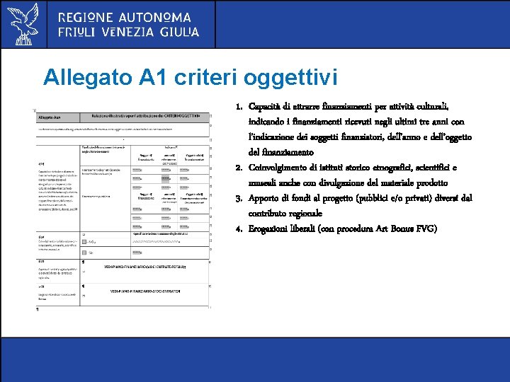 Allegato A 1 criteri oggettivi 1. Capacità di attrarre finanziamenti per attività culturali, indicando