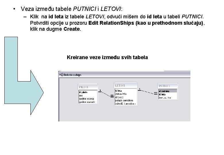  • Veza između tabele PUTNICI i LETOVI: – Klik na id leta iz