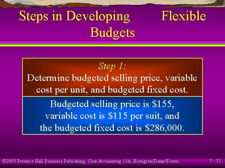 Steps in Developing Budgets Flexible Step 1: Determine budgeted selling price, variable cost per