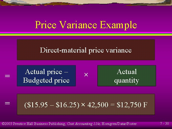 Price Variance Example Direct-material price variance = Actual price – Budgeted price = ($15.