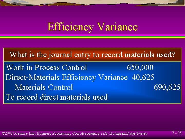 Efficiency Variance What is the journal entry to record materials used? Work in Process