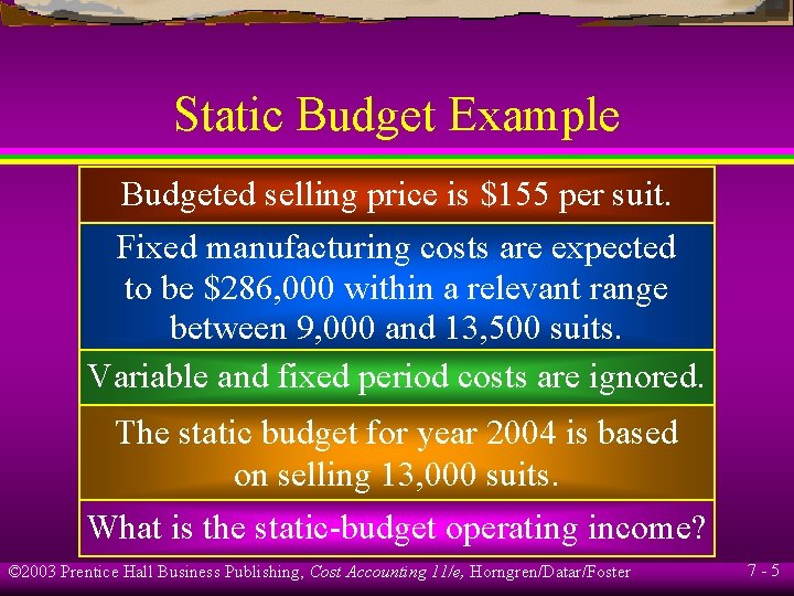 Static Budget Example Budgeted selling price is $155 per suit. Fixed manufacturing costs are