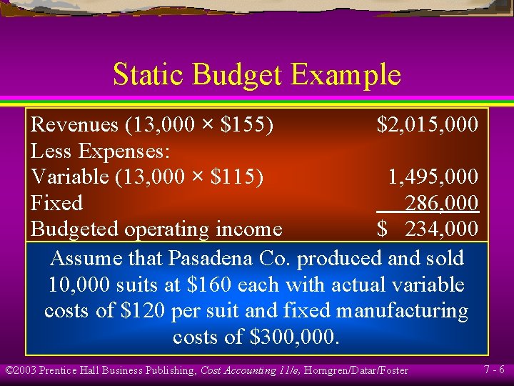 Static Budget Example Revenues (13, 000 × $155) $2, 015, 000 Less Expenses: Variable