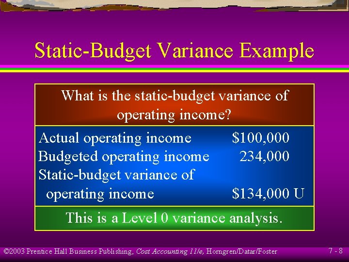 Static-Budget Variance Example What is the static-budget variance of operating income? Actual operating income