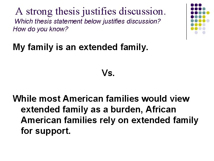 A strong thesis justifies discussion. Which thesis statement below justifies discussion? How do you