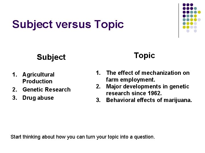 Subject versus Topic Subject 1. Agricultural Production 2. Genetic Research 3. Drug abuse Topic