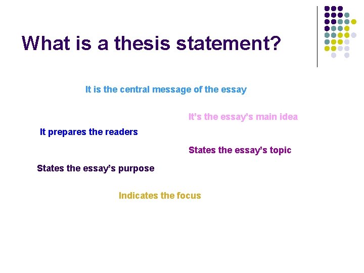 What is a thesis statement? It is the central message of the essay It’s