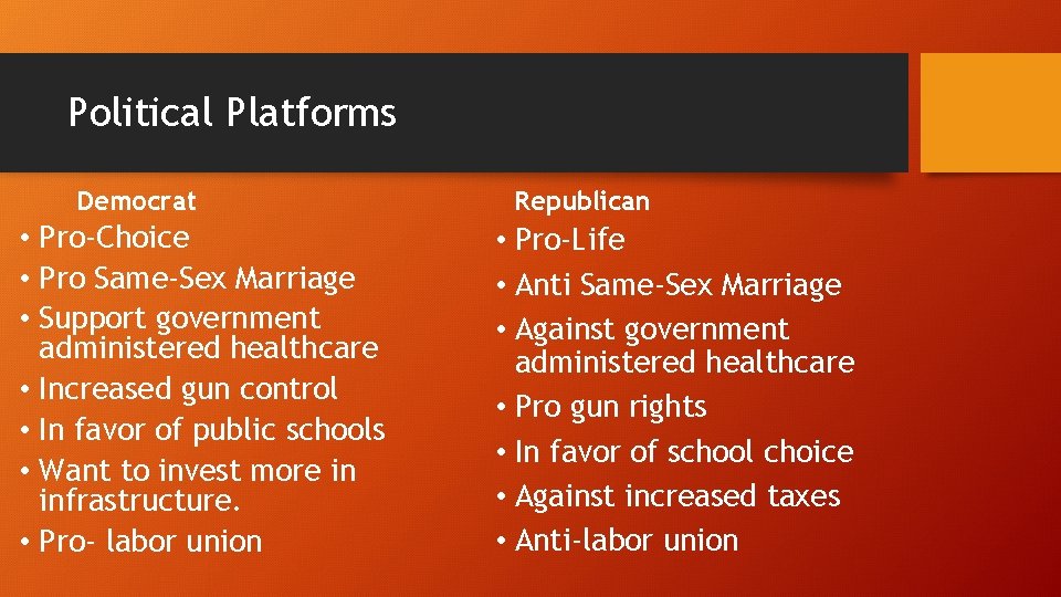 Political Platforms Democrat • Pro-Choice • Pro Same-Sex Marriage • Support government administered healthcare