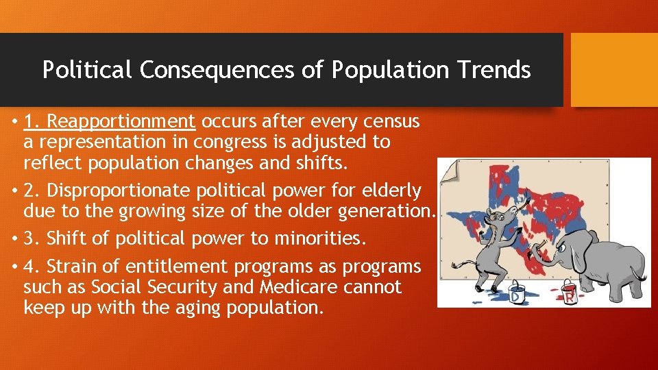 Political Consequences of Population Trends • 1. Reapportionment occurs after every census a representation