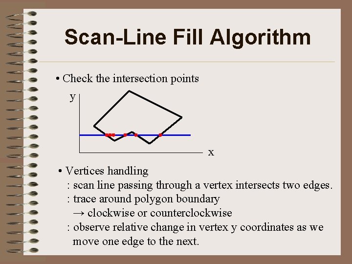 Scan-Line Fill Algorithm • Check the intersection points y x • Vertices handling :