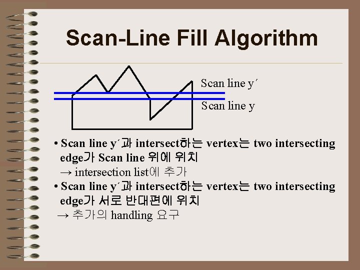 Scan-Line Fill Algorithm Scan line y´ Scan line y • Scan line y´과 intersect하는