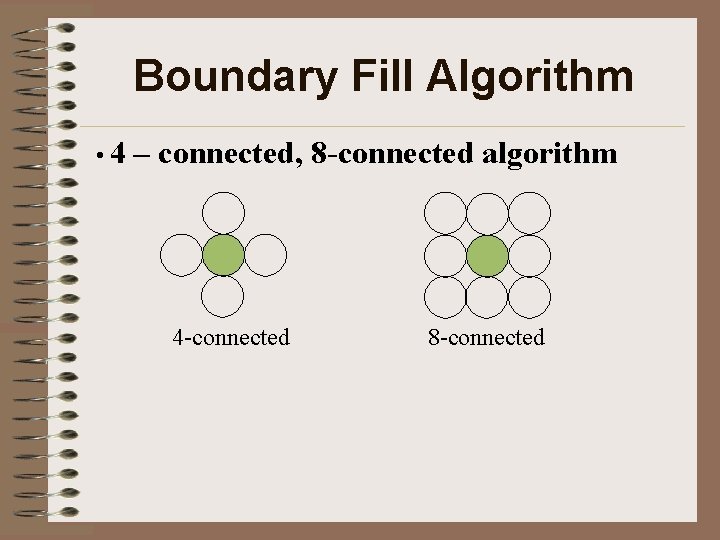 Boundary Fill Algorithm • 4 – connected, 8 -connected algorithm 4 -connected 8 -connected