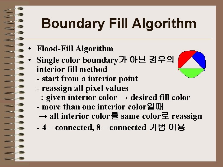 Boundary Fill Algorithm • Flood-Fill Algorithm • Single color boundary가 아닌 경우의 interior fill