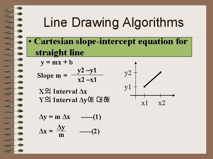Line Drawing Algorithms • Cartesian slope-intercept equation for straight line y = mx +