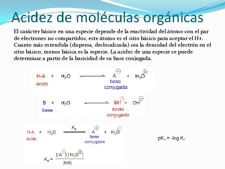 Acidez de moléculas orgánicas El carácter básico en una especie depende de la reactividad