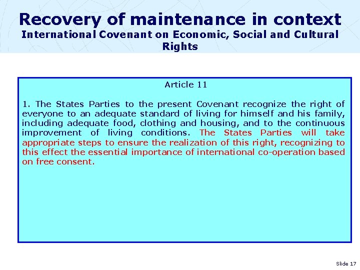 Recovery of maintenance in context International Covenant on Economic, Social and Cultural Rights Article