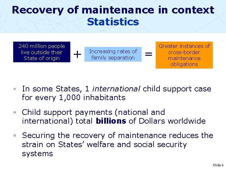 Recovery of maintenance in context Statistics 240 million people live outside their State of