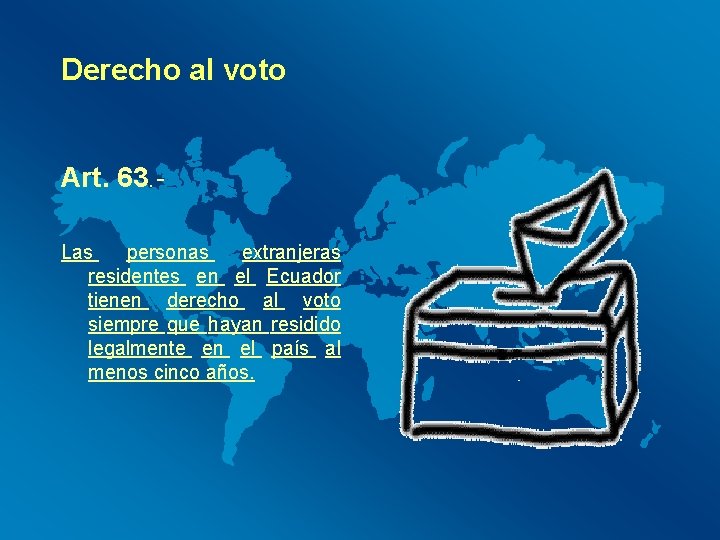 Derecho al voto Art. 63. Las personas extranjeras residentes en el Ecuador tienen derecho Derecho al voto Art. 63. Las personas extranjeras residentes en el Ecuador tienen derecho