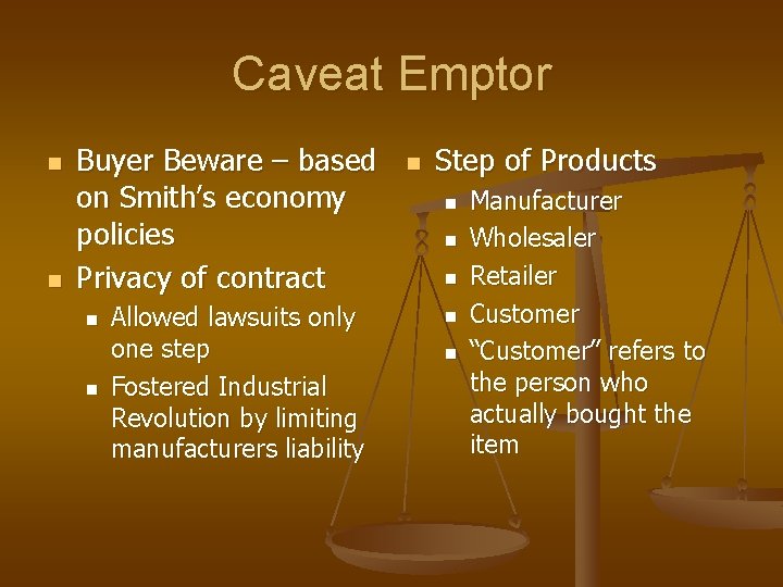 Caveat Emptor n n Buyer Beware – based on Smith’s economy policies Privacy of