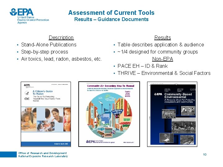 Assessment of Current Tools Results – Guidance Documents Description • Stand-Alone Publications • Step-by-step