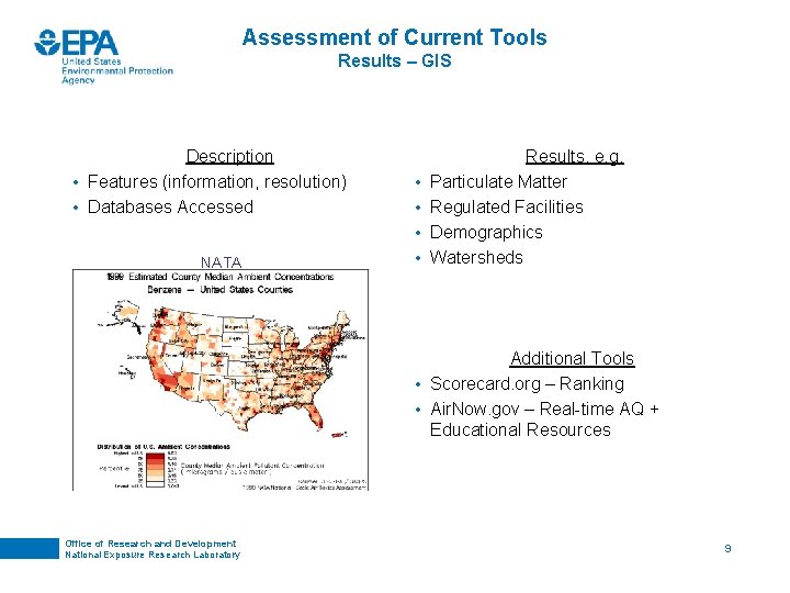 Assessment of Current Tools Results – GIS Description • Features (information, resolution) • Databases