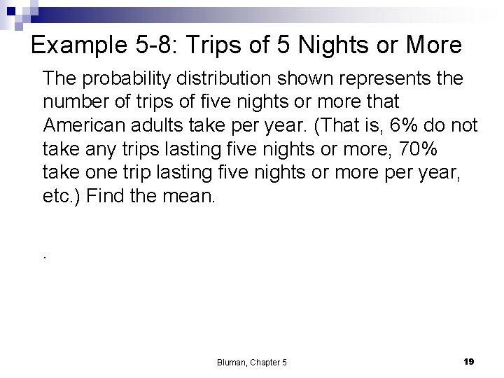 Example 5 -8: Trips of 5 Nights or More The probability distribution shown represents