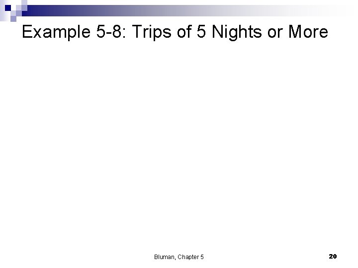 Example 5 -8: Trips of 5 Nights or More Bluman, Chapter 5 20 