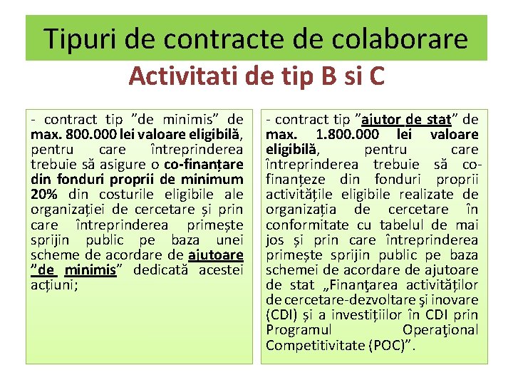 Tipuri de contracte de colaborare Activitati de tip B si C - contract tip
