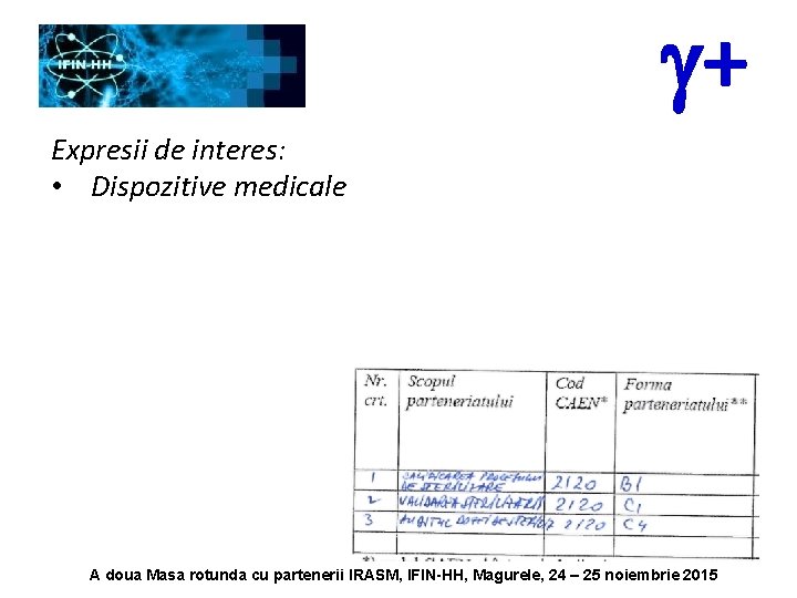 g+ Expresii de interes: • Dispozitive medicale A doua Masa rotunda cu partenerii IRASM,