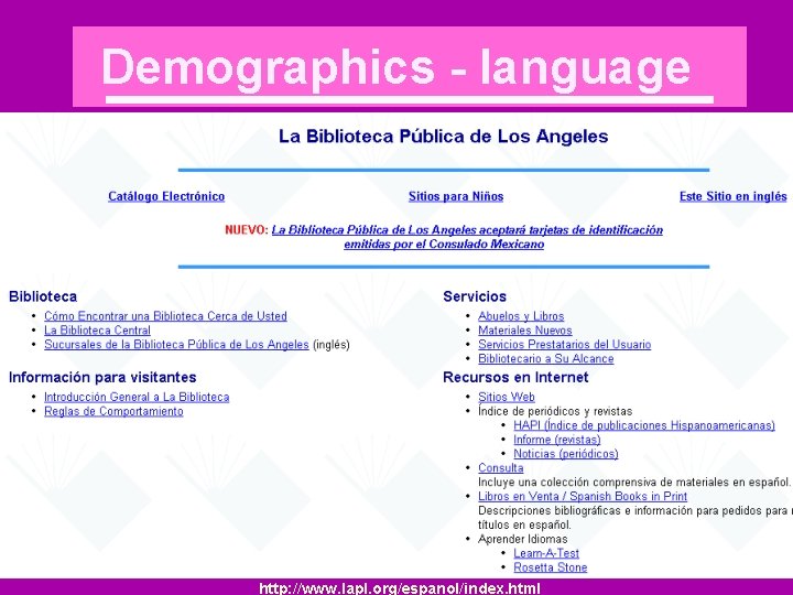 Demographics - language http: //www. lapl. org/espanol/index. html 