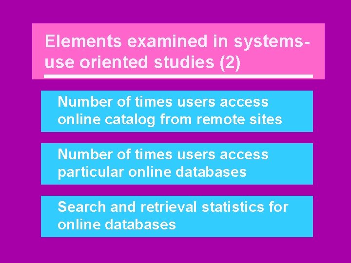 Elements examined in systemsuse oriented studies (2) Number of times users access online catalog