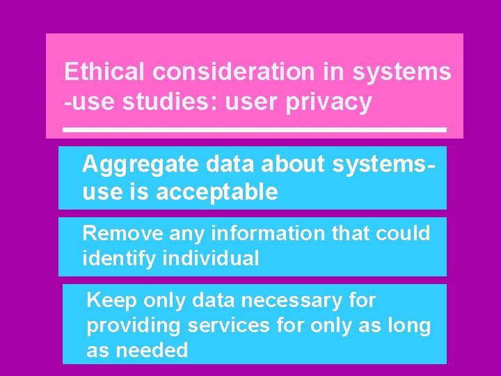 Ethical consideration in systems -use studies: user privacy Aggregate data about systemsuse is acceptable