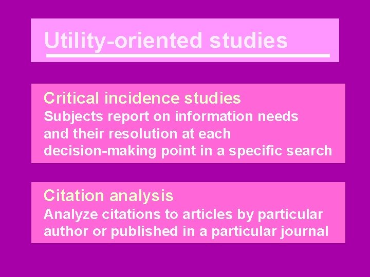 Utility-oriented studies Critical incidence studies Subjects report on information needs and their resolution at