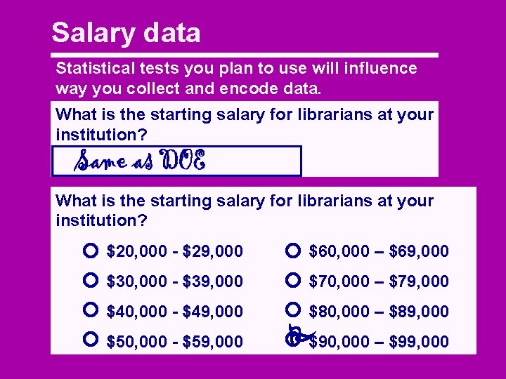 Salary data Statistical tests you plan to use will influence way you collect and