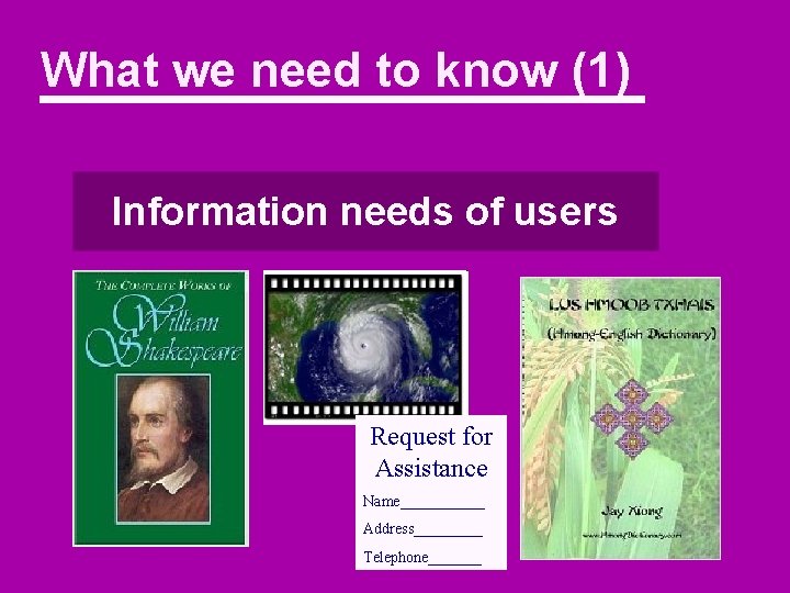 What we need to know (1) Information needs of users Request for Assistance Name______