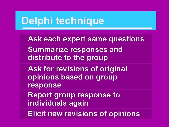 Delphi technique Ask each expert same questions Summarize responses and distribute to the group