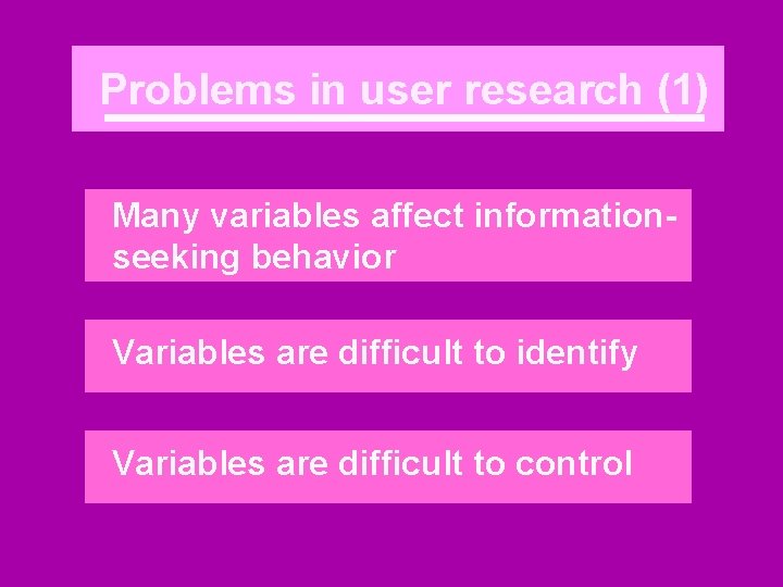 Problems in user research (1) Many variables affect informationseeking behavior Variables are difficult to