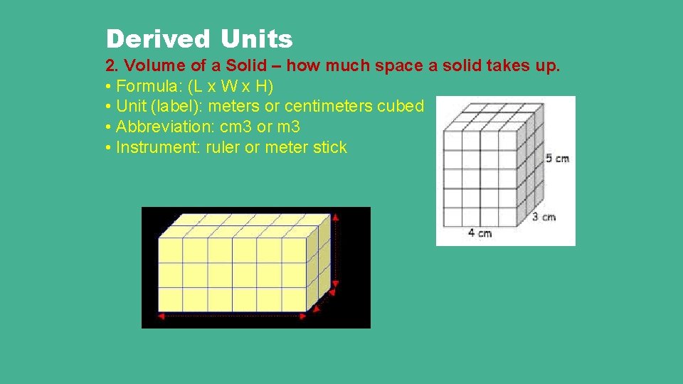Derived Units 2. Volume of a Solid – how much space a solid takes