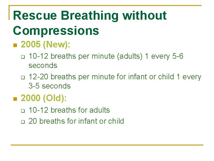 Rescue Breathing without Compressions n 2005 (New): q q n 10 -12 breaths per