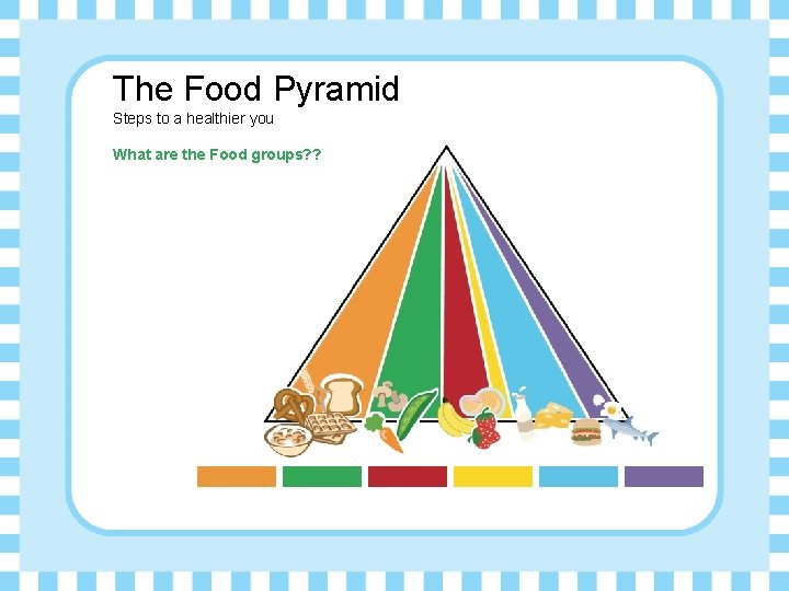 The Food Pyramid Steps to a healthier you What are the Food groups? ?