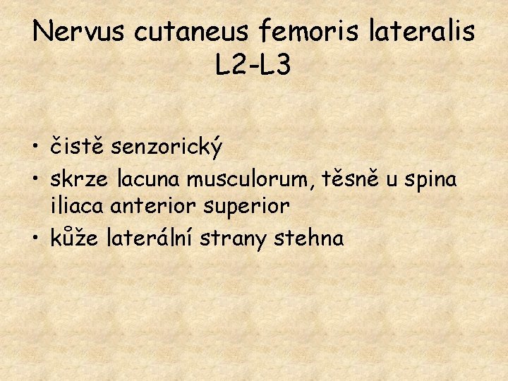Nervus cutaneus femoris lateralis L 2 -L 3 • čistě senzorický • skrze lacuna